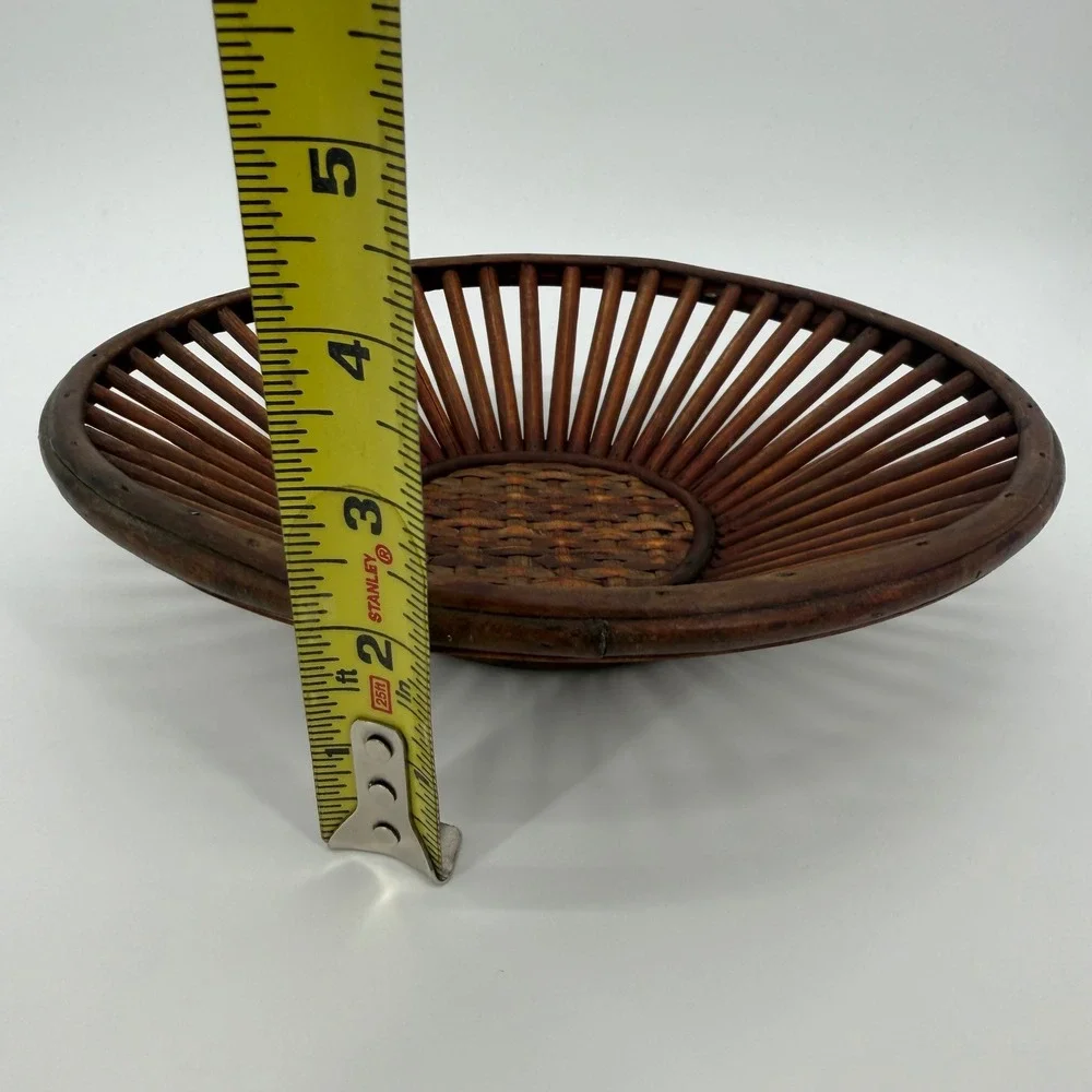 Vintage Bamboo Slat Fruit Bowl Dark Brown Woven Wicker Center Boho Decor 9.5in